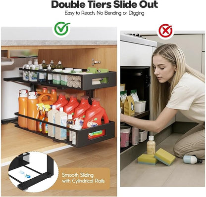 2 Packs 21IN Depth Under Sink Organizer, 2-Tier Pull Out Cabinet Organizer With Smooth Circular Rail, Large Capacity Metal Mesh Sliding Drawers For Bathroom& Kitchen Storage,Height Adjustable-Black