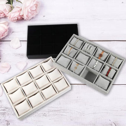 Polmart Stackable 12-Grid Jewelry Tray with Pillow, Gray Velvet (2-Pack)