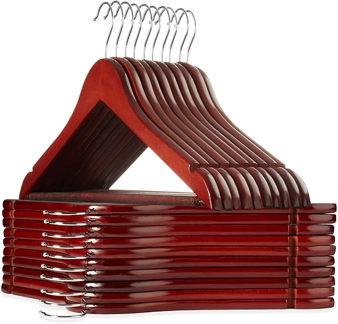 Casafield - 20 Cherry Wooden Suit Hangers - Premium Lotus Wood with Notches & Chrome Swivel Hook for Dress Clothes, Coats, Jackets, Pants, Shirts, Skirts