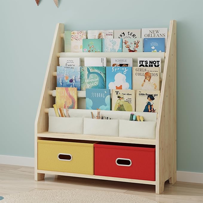 4 Tier Kids Book Shelf, Wooden Kids Book Rack Storage Bookshelf with Toy Storage Organizer, Toddler Sling Bookshelf for Boys, Girls, Play Room, Nursery, Red/Yellow