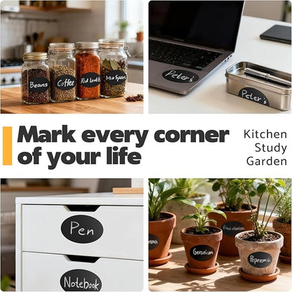 180Pcs Chalkboard Labels for Jars, Waterproof Reusable Blackboard Stickers with 1 Liquid Chalk Markers, Organization Labels Removable (Black, Round)