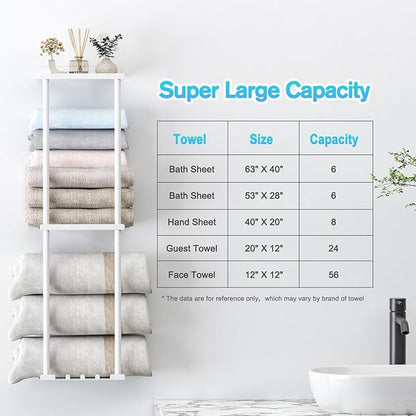 Towel Rack for Bathroom, Wall Mounted Vertical Rolled Towel Storage Organizer Holder with Shelf, Holds Up 6 Large Bath Sheets, White
