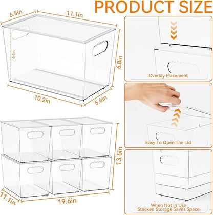 Yieach 6 Pack Stackable Clear Storage Bins with Lids,Large Pantry Bins Organization and Refrigerator Organizer with Handle,BPA FREE Kitchen Storage Containers and Cabinet bins for Organizing Snack,Toy