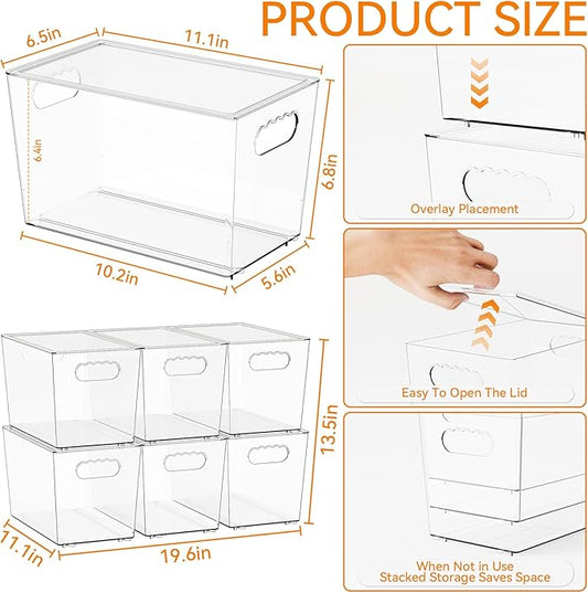 Yieach 6 Pack Stackable Clear Storage Bins with Lids,Large Pantry Bins Organization and Refrigerator Organizer with Handle,BPA FREE Kitchen Storage Containers and Cabinet bins for Organizing Snack,Toy
