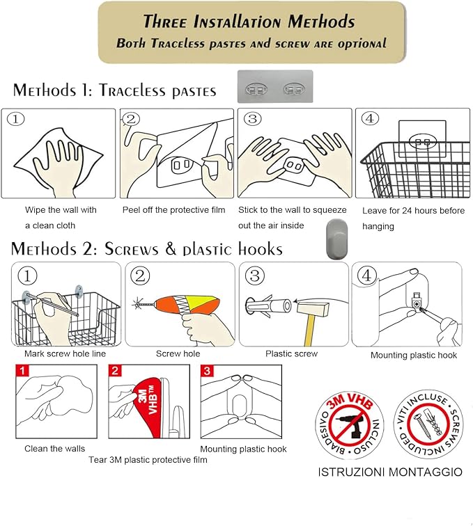 4 Pack【Extra Large】Hanging Kitchen Basket,Wire Storage Basket,with Traceless Tape and 3M High-Strength Plastic Hooks,no Drilling,for Cabinet Storage,Kitchen,Bathroom,Storage Room,large capacity