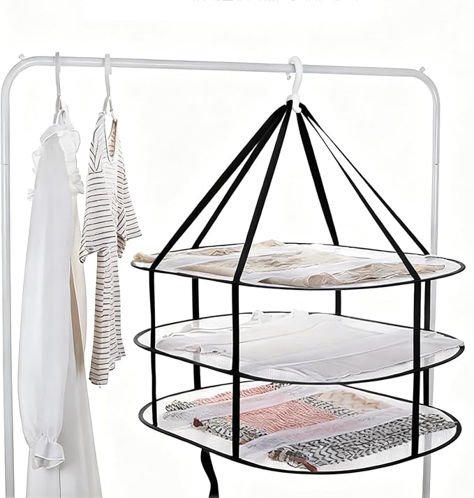 3-Tier Folding Mesh Clothes Drying Rack, Stackable Sweater Dryer Rack with Internal Fixation, Portable Hanging Laundry Rack for T-Shirt,Swimsuit,Sweater,Delicates(Black,Size:30.3x24x31inch)
