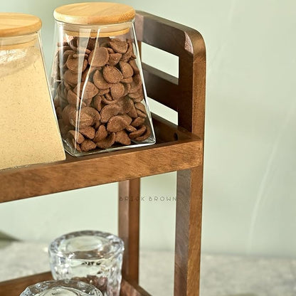 Brick Brown Premium Cocoa Kitchen Wooden Organizer 2-Tiered Serving Stand| Display Snacks, Fruits & Desserts | Kitchen & Dining Organizer in Mahogany Finish (Self Assembly)
