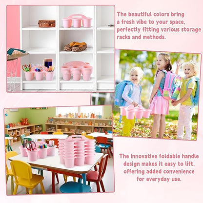 6 Pack Classroom Caddy with Handle Plastic Storage Caddy Organizer with 6 Compartments Drink Cup Caddies Holder Portable Storage Bin for Pencil, Crayon, Marker, Home, Office, School Supplies(Pink)