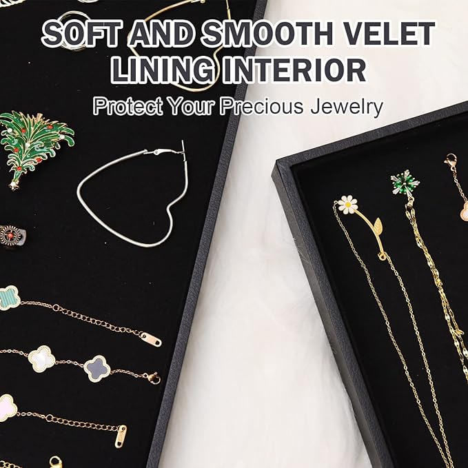 JETEHO Velvet Jewelry Tray for Drawers Black Jewelrys Display Tray Stackable Jewelry Organizer Trays for Necklace Bracelet Ring Watch (1, Black)