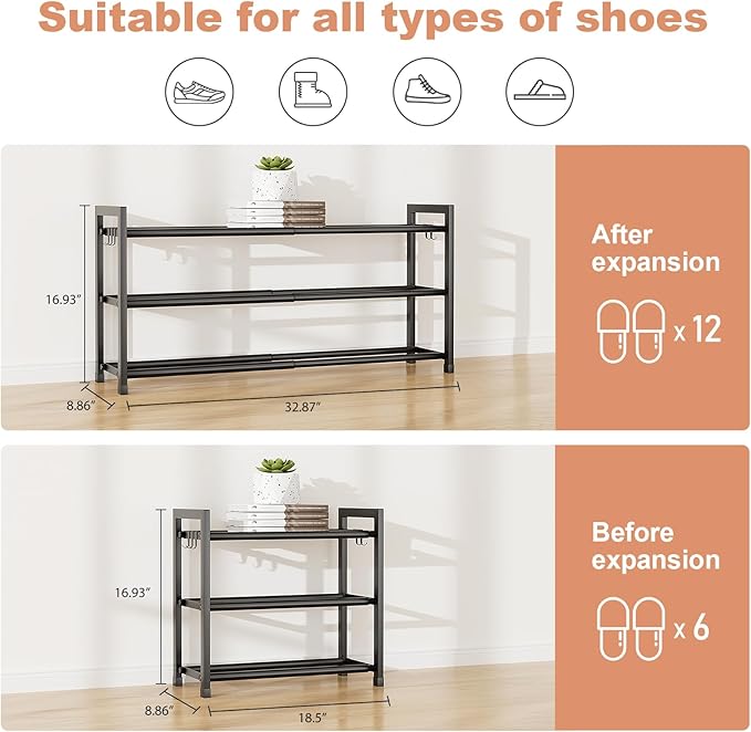 Adjustable 18"-33" Expandable Shoe Rack for Closet 12 Pairs Small Spaces 3 Tier Shoe Organizer with 5 Hooks Metal Shoe Shelf for Entryway, Bedroom