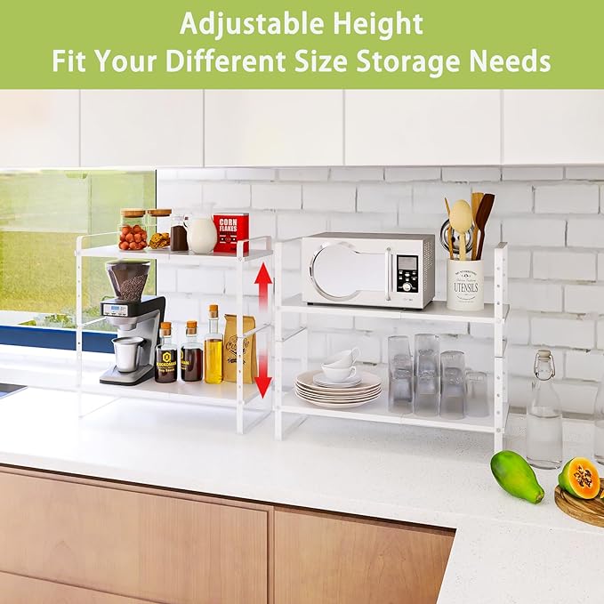 Expandable Cabinet Shelf Organizer Rack, Stackable Kitchen Counter Storage Shelves Stand, Adjustable Height Pantry Shelf Spice Rack (White, 2 Pack)