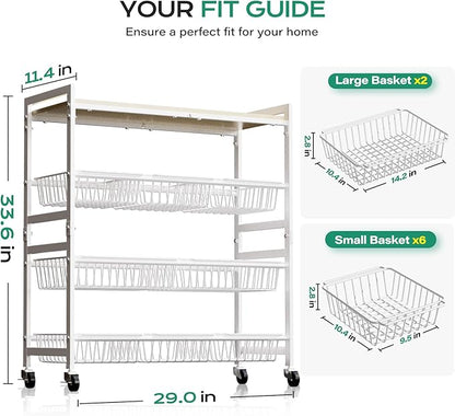 Cinati 4-Tier Utility Kitchen Cart with Wood Top, 29" W Kitchen Storage Cart with 8 Baskets & Handle, Metal Snack Cart with Wheels, Adjustable Pantry Organizer and Storage Cart for Fruit, Vegetables