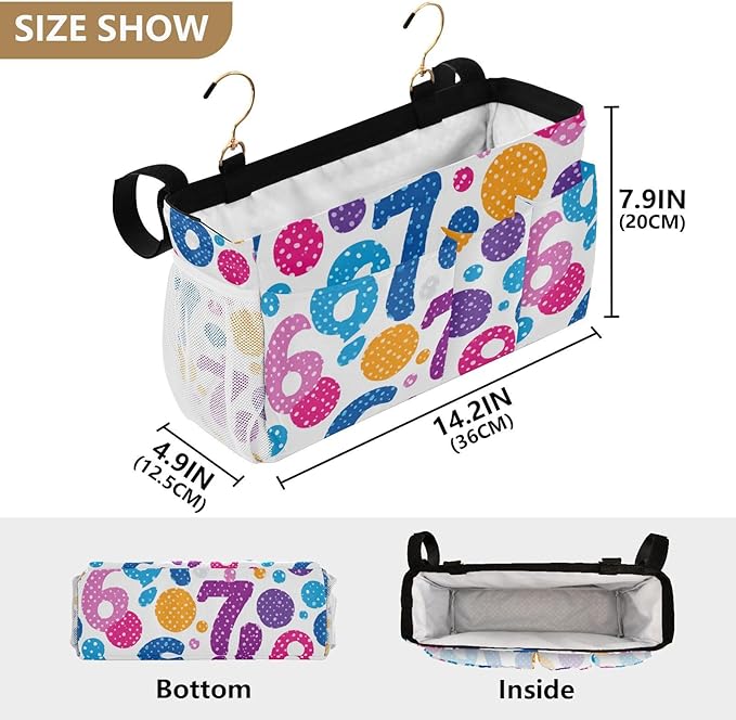 CuwrYet Bedside Caddy Hanging Bunk Bed Caddy Bed Organizer Hanging Pocket with 2 Hooks Bedside Storage Organizer Pocket Bag Holder Six Seven Flowers Colorful Polka Dots