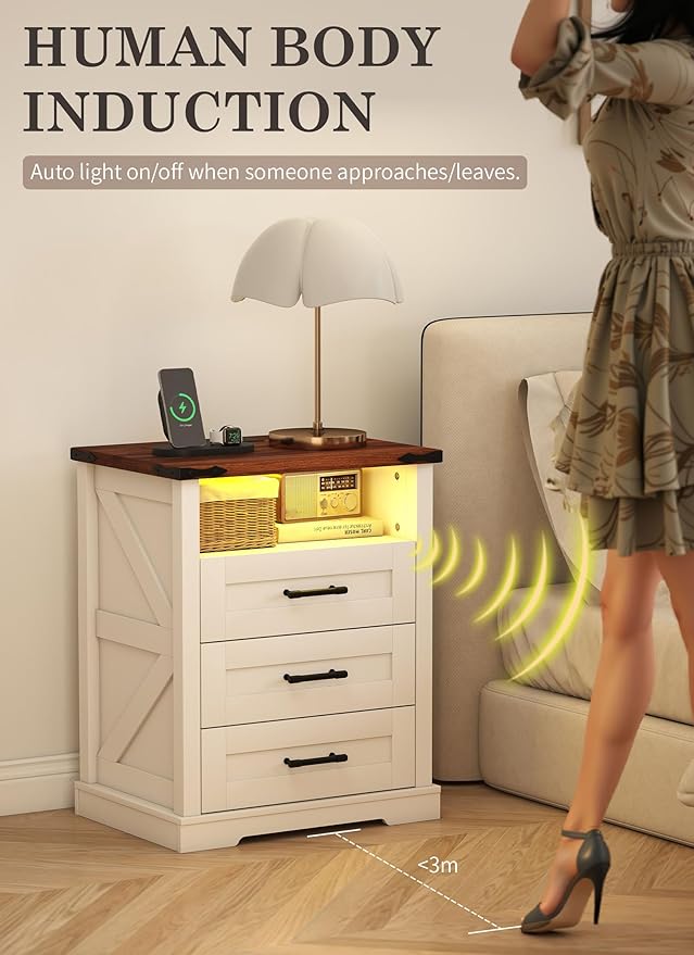 Suuiwau Farmhouse Nightstand with 3 Drawers and Open Storage Shelf, Modern Nightstand with Smart Human Sensor LED Light, Wood Bedside Table with Charging Station for Bedroom, Dorm, Office (White)