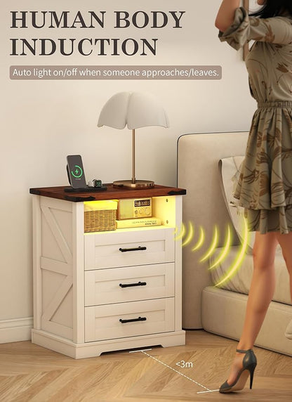 Suuiwau Farmhouse Nightstand with 3 Drawers and Open Storage Shelf, Modern Nightstand with Smart Human Sensor LED Light, Wood Bedside Table with Charging Station for Bedroom, Dorm, Office (White)