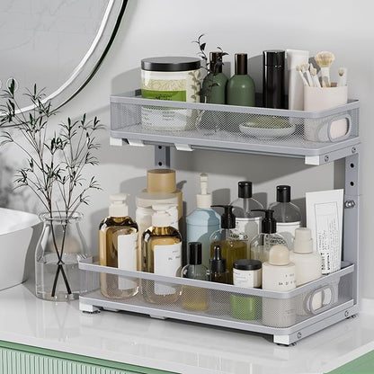 Under Sink Organizer, High Adjustable 2 Tier Under Sink Organizers and Storage, Slide Out Metal Cabinet Organizers, Pull Out Sink Storage Drawer Shelf for Kitchen Bathroom Cabinet, Grey, 1 Pack