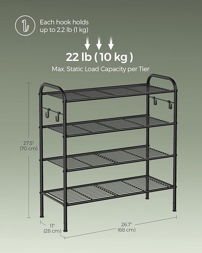 SONGMICS Shoe Rack, 4-Tier Shoe Organizer, Metal Shoe Shelf Storage with 4 Side Hooks, Holds 16 Pairs of Shoes, Height-Adjustable Shoe Rack for Entryway, Hallway, Closet, Ink Black ULMR069B01