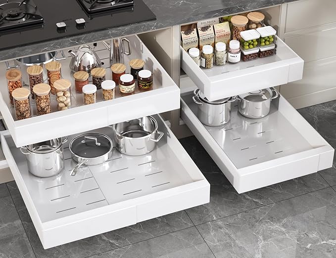 Seinloes 4 Pack Pull Out Cabinet Organizer 22" Deep,Full Extension 3 Slide Rails Slide Out Drawers With Raising Pad for Framed Cabinets,Expandable Width (12.3"-20.5"),No Drill Roll Out shelf,White