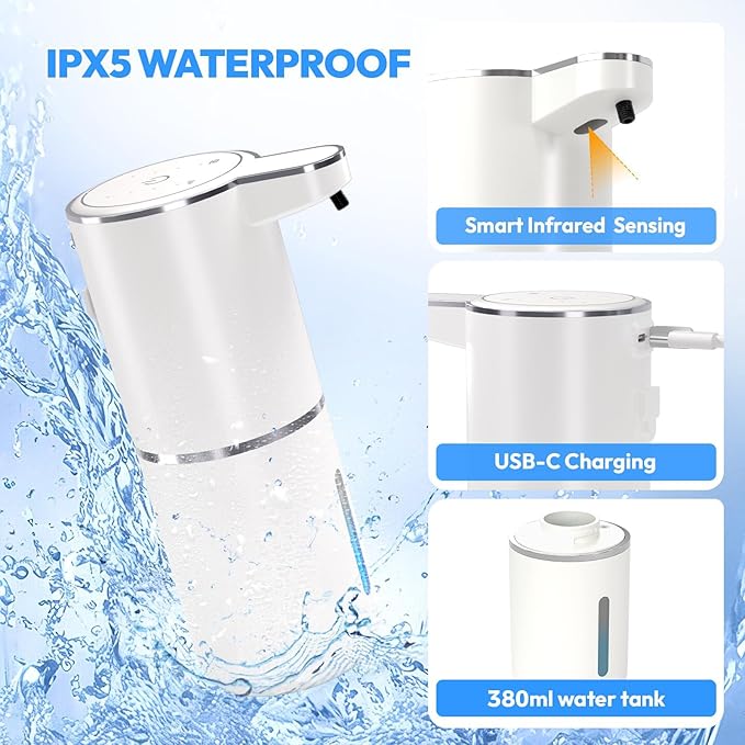 MTYGK Automatic Soap Dispenser Touchless,Liquid Hand Soap Dispenser 12.8oz USB 4levels Adjustable Dispenser Electric Wall Mounted Smart for Bathroom and Kitchen Dish Soap，Easy for Toddlers(White)