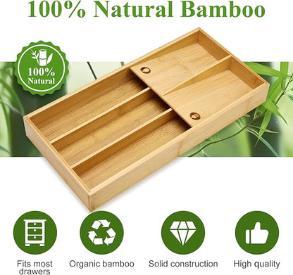Bamboo Silverware Drawer Organizer Cutlery Tray for Drawer Wood Kitchen Utensil Tray Flatware Caddy Cutlery Holder Utensil Drawers Organizer for Spoon Fork Knives Wooden Silverware Trays
