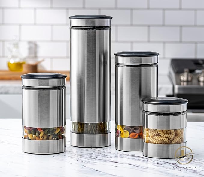 Le'raze Quality Stainless Steel Canister Set of 4 for Kitchen Counter with Glass Window & Airtight Lid - Food Storage Containers with Lids Airtight - Pantry Storage and Organization Set