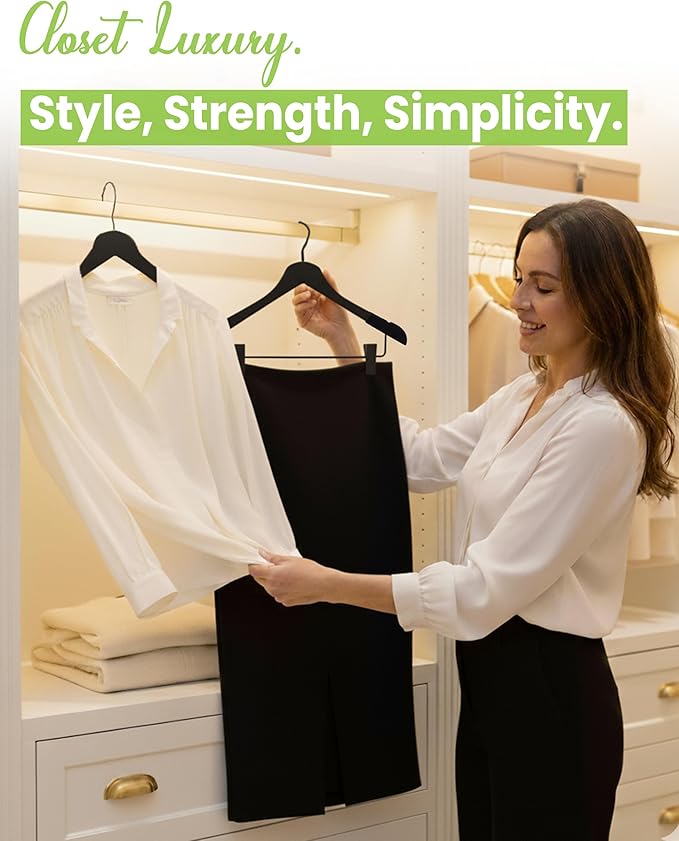 All Hung Up Hangers - Wooden Hangers with Clips for Women, Solid Wood Skirt & Suit Hangers, Heavy-Duty Adjustable Non-Slip Design with Velvet Grip, Black with Black Velvet, 30 pcs