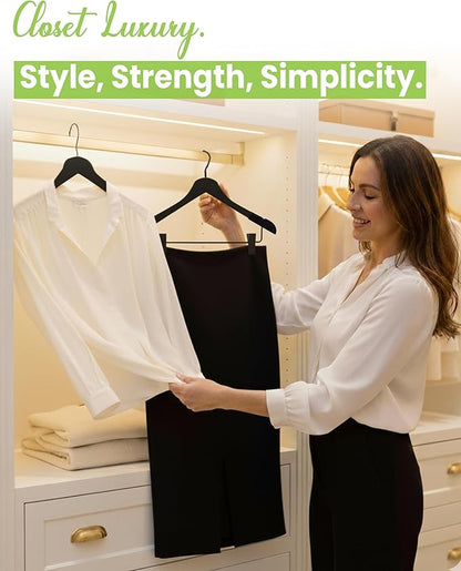 All Hung Up Hangers - Wooden Hangers with Clips for Women, Solid Wood Skirt & Suit Hangers, Heavy-Duty Adjustable Non-Slip Design with Velvet Grip, Black with Black Velvet, 30 pcs
