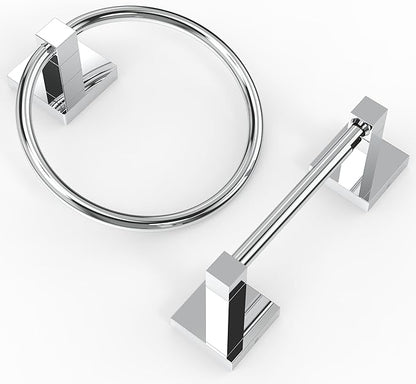 Ruacq Chrome Toilet Paper Holder Towel Ring Bathroom Accessories Hardware Set Double Post Pivoting Toilet Roll Holder Square Stainless Steel and Zinc Alloy Modern Wall Mounted 2 Pieces