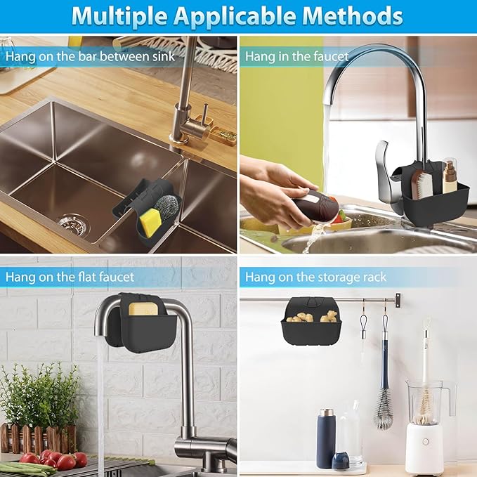 VPASION Sponge Holder for Kitchen Sink, Silicone Sink Saddle Caddy Organizer Rack, Sponges Holder Over Faucet, Hanging Kitchen Organizer Accessories Rack Basket Black