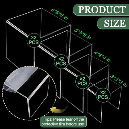 8 Pcs Square Acrylic Display Risers, 2 Sets 4 Sizes Tall Acrylic Risers Display Stands, 0.12" Thick Clear Risers for Displays, Clear Display Shelf for Figure Action Jewelry Showcase