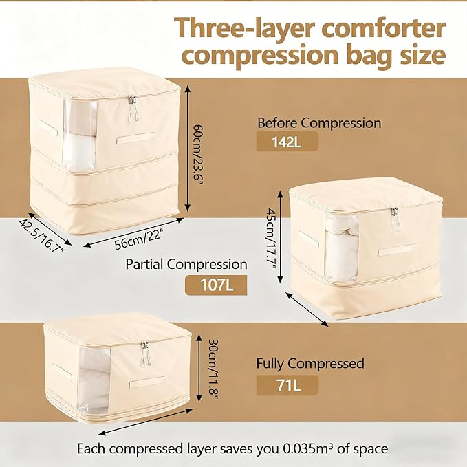 2 Pack Space Saving Comforter Storage Bag with Handle, 3-Layer Compression Blanket Storage Bags Adjustable In 3 Sizes (142L, 107L, 71L), Washable Bedding Organizer For Pillow Duvet Clothing Plush Toy