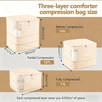 2 Pack Space Saving Comforter Storage Bag with Handle, 3-Layer Compression Blanket Storage Bags Adjustable In 3 Sizes (142L, 107L, 71L), Washable Bedding Organizer For Pillow Duvet Clothing Plush Toy