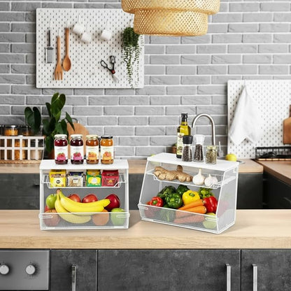 2 Pcs Stackable Fruit Basket with Lid for Kitchen Counter Storage Basket with Drawer Mesh Wall Hanging Wire Baskets with Lid Metal Vegetable Container for Kitchen 13.8 x 8.3 x 9.8''(White)