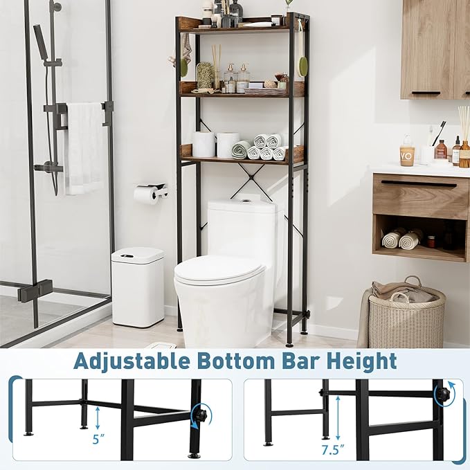 LOKO 3-Tier Over The Toilet Storage Rack, Bathroom Space Saver Shelf, Freestanding Above Toilet Organizer with 4 Hooks, Anti-Tipping Device, Metal Frame Toilet Rack for Balcony Laundry (Brown+Black)
