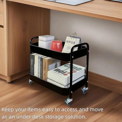2 Tier Rolling Cart with Wheels for Under Desk Storage & Pantry Room, Large Capacity Laundry Room & Makeup Organizer, Sturdy Kitchen Utility Cart for Small Space with 4 Hooks, Black