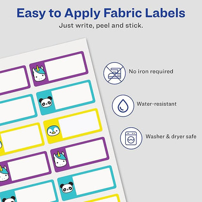 Avery No-Iron Fabric Name Labels, Cute Animal Preprinted Designs, Handwrite Only, 24 Preprinted Labels (40770)