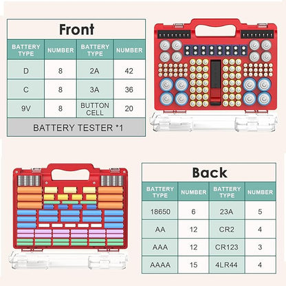 Upgraded Large Capacity Battery Storage Organizer with Tester, Battery Organizer Holds 185+Batteries with Double-Sided & Portable Handle, Fireproof & Splash-Proof Battery Holder for Most Sizes, Black