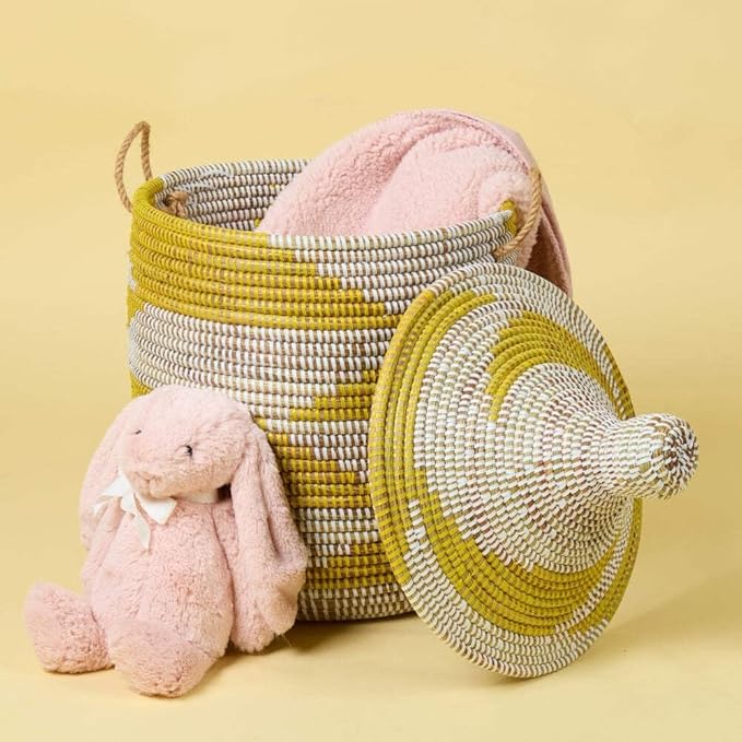 Small Yellow Basket - Organize Bedroom, Living Room, Nursery - Laundry Hamper, Toy Bin, Blanket Storage, Towels Holder - Decorative, Boho Style - Wicker, Woven, Lid, Handles