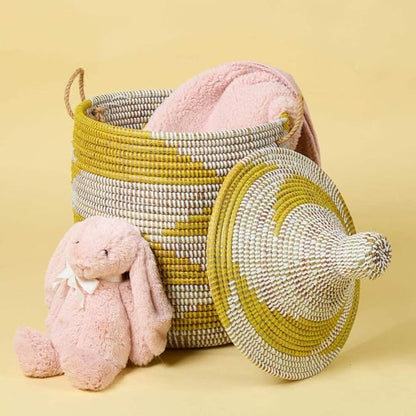 Small Yellow Basket - Organize Bedroom, Living Room, Nursery - Laundry Hamper, Toy Bin, Blanket Storage, Towels Holder - Decorative, Boho Style - Wicker, Woven, Lid, Handles