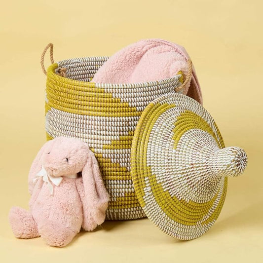 Small Yellow Basket - Organize Bedroom, Living Room, Nursery - Laundry Hamper, Toy Bin, Blanket Storage, Towels Holder - Decorative, Boho Style - Wicker, Woven, Lid, Handles