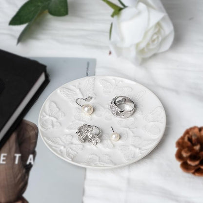 Ceramic Jewelry Dish, Decorative Tray for Rings Earrings Necklaces Bracelet Watch Keys, 4.50" Trinket Tray as Gifts for Women (White Butterflies)