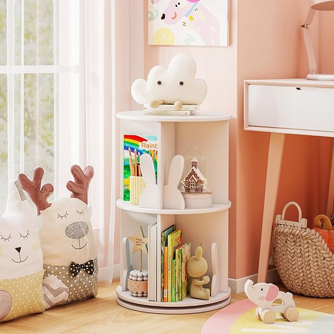 HONEY JOY Kids Rotating Bookshelf, Wooden Spinning Small Corner Organizer w/Baffles, 360°Display Standing Toddler Bookshelf, Narrow Storage Rack, Montessori Book Shelf for Nursery, Playroom (White)