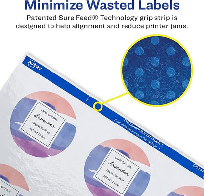 Avery Printable Round Labels with Sure Feed Technology, 2" Diameter, Matte White, Laser & Inkjet Compatible, 300 Blank Labels Total, Great for Branding, Packaging, Events, and More (22877)
