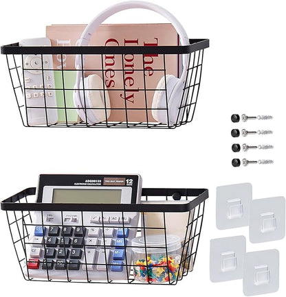 LIGHT DUST Wall Hanging Baskets - 2 Black Baskets Set Wire Basket Metal Organizer Bins for Kitchen Pantry Cabinet Bathroom Shower Door RV [Included Adhesive Hooks & Wall Mounted Screws]