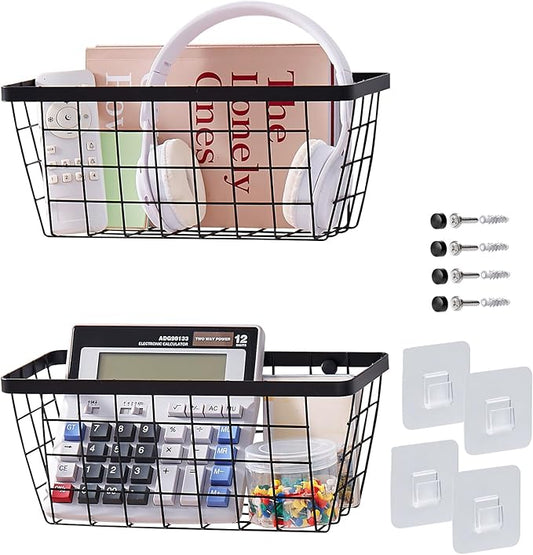 LIGHT DUST Wall Hanging Baskets - 2 Black Baskets Set Wire Basket Metal Organizer Bins for Kitchen Pantry Cabinet Bathroom Shower Door RV [Included Adhesive Hooks & Wall Mounted Screws]