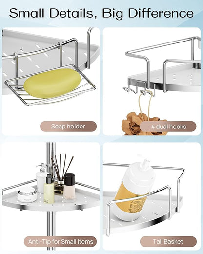ALLZONE Corner Shower Caddy Tension Pole – Upgraded Rust-Free Stainless Steel Shower Organizer with Adjustable Storage Shelves, Drill-Free Installation, Quick Setup, Extends from 34 to 116 Inches