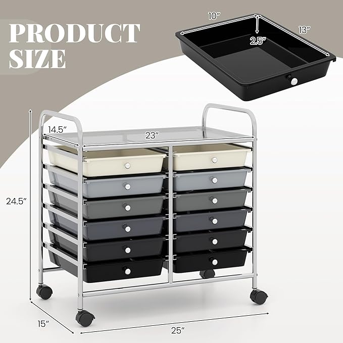 MAT EXPERT 12-Drawer Rolling Storage Cart, Mobile Utility Cart on Wheels, Removable Storage Drawers for Home, Study, Office, School,Paper Organizer