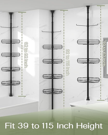 ALLZONE Corner Shower Caddy Tension Pole, 4-Tier Adjustable Shelves, Rustproof Bathroom Shower Organizer Corner for Inside Shower Storage, Tension Mounted, 39 to 115 Inch Height, Black