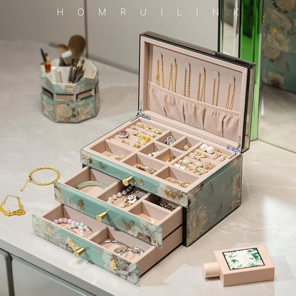 Homruilink High End Glass Jewelry Box - 3 Layer Jewelry Organizer - Velvet-Lined Case For Ring, Necklace, Earring, Bracelet Storage - Green Floral and Bird - Christmas Gifts For Women