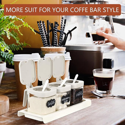Suclain 3 Pcs Glass Coffee Containers Coffee Station Organizer Set, Airtight Bean Storage Jars with Shelf,labels,spoon, Base and Pen,for Sugar, Candy, Oats, Nuts (White)